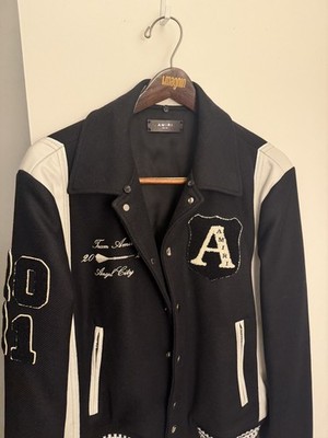 Amiri Always On Point Shearling Logo Varsity Jacket Black White Size 52