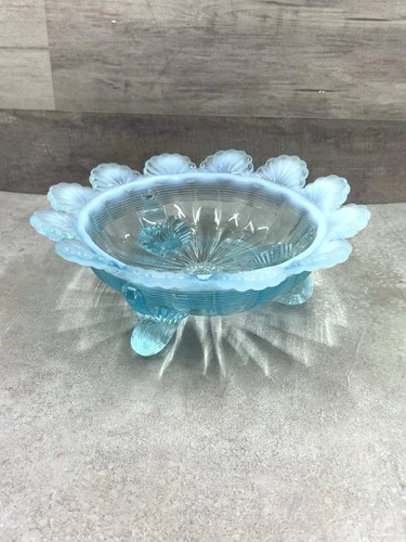 Vintage Northwood Glass Blue Turquoise Berry Trinket Bowl Fluted Scrollwork