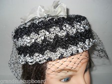 Vintage 50's White Black Netting PILL BOX CHURCH HAT White Magnolia Flower Retro