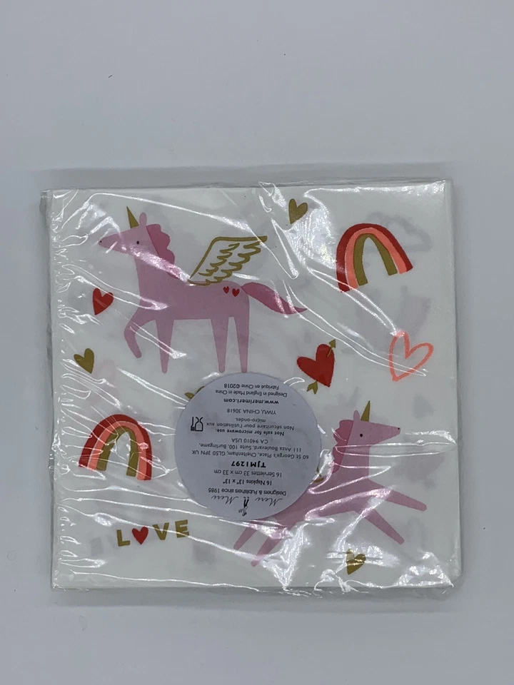 全新 Meri Meri 白色 13 英寸 粉色 独角兽 情人节/生日 16 纸 餐巾 — 第 2/3 张图片