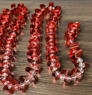 Christmas Tree Beaded Red Ribbon Clear Beads Garland 8' long