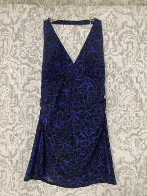 LL Bean Halter Floral Boho Modest Beach Swim Dress Black Blue 14D 14 D Cup