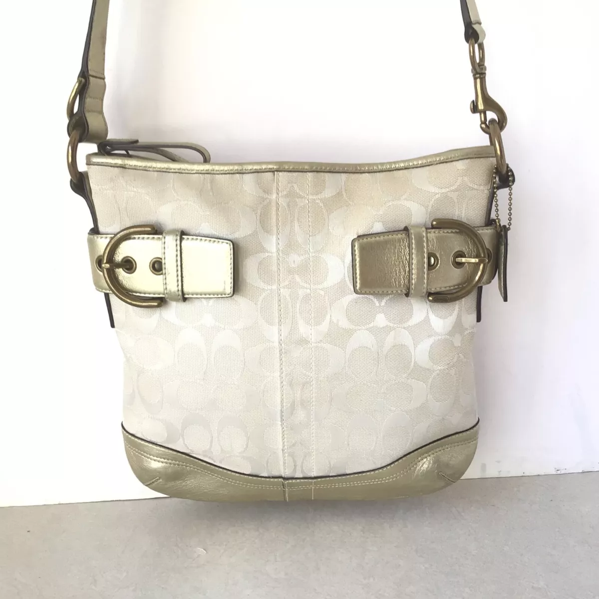 COACH Shoulder Bag Signature 3574 2WAY Canvas And Leather With Metallic Gold EUC