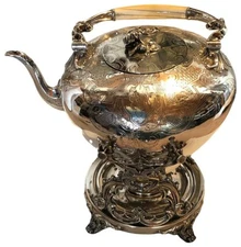 Antique Sheffield English Silverplate Tilting Teapot, w/Gothic Stand & Burner