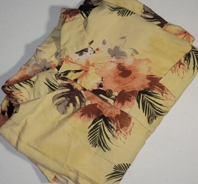ISLANDS SHORES MEN'S HAWAIIAN SHIRT, Sz L, Ylw, SS, Button Up, Floral, 100% Silk