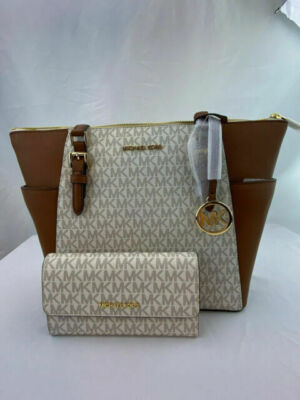 Michael Kors Charlotte Large Logo and Leather Top-Zip Tote Bag - Vanilla...