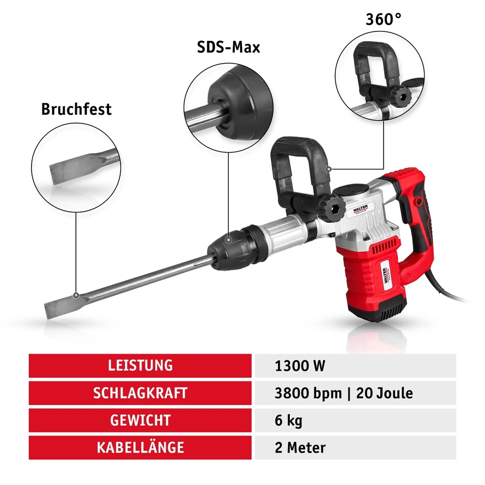 WALTER SDS Max Stemmhammer Abbruchhammer 1300W, inkl Koffer, Spitz- Flachmeißel - Bild 4 von 4