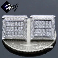 MEN SOLID 925 STERLING SILVER ICY BLING CZ 10MM SQUARE 3D STUD EARRING*E196
