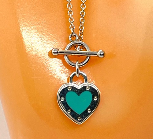 Return To Tiffany & Co Silver Blue Enamel Heart Charm Toggle 6.25" Bracelet Rare - Picture 2 of 3