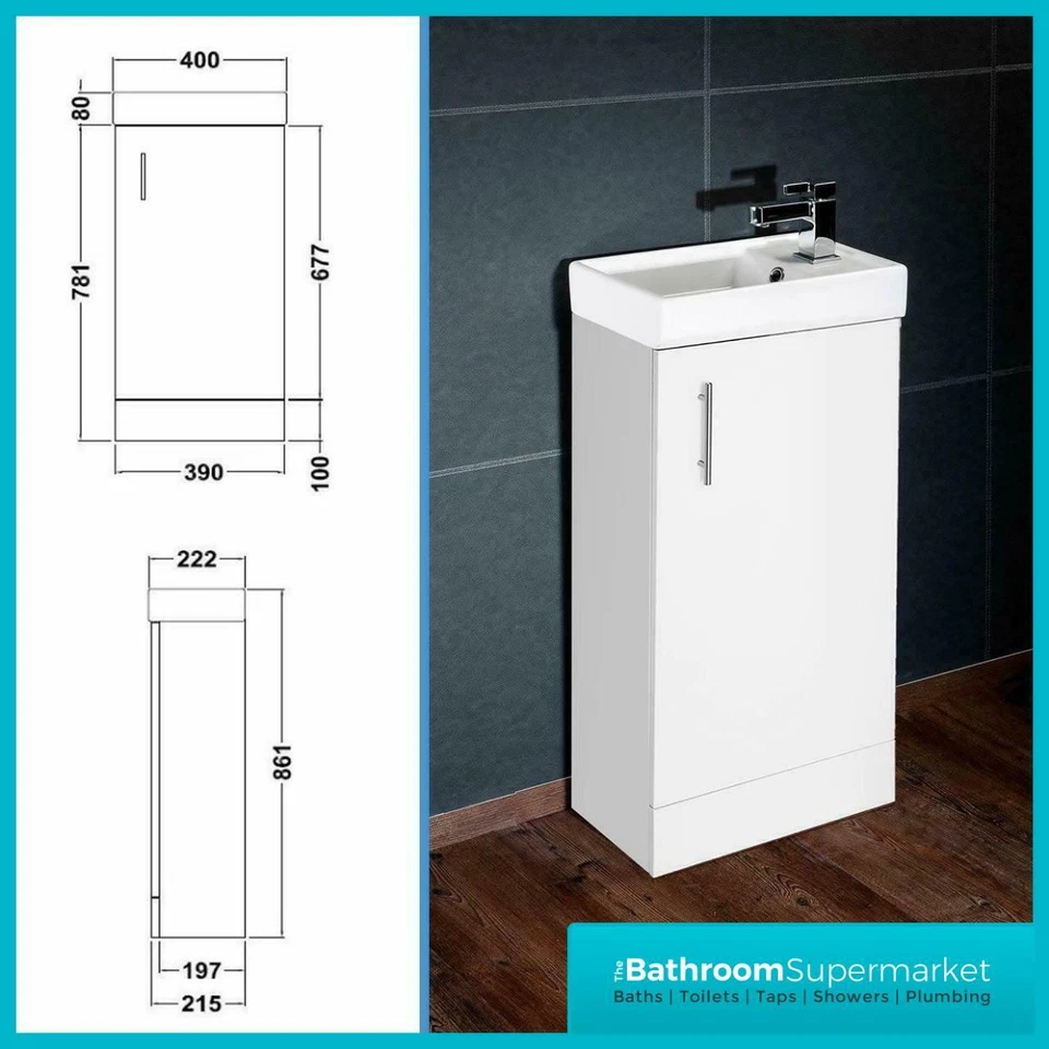White Bathroom Vanity Unit & Basin Sink Vanity 400mm Floor Standing Tap Waste