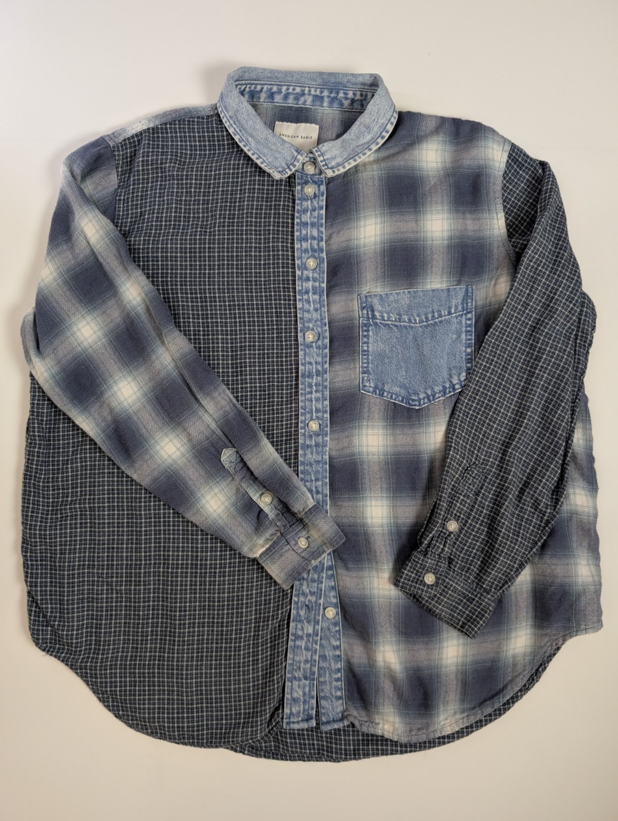 American Eagle Woman's M Patchwork Plaid Denim Co… - image 1