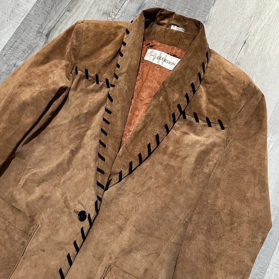 Chaqueta Blazer De Colección Piel de Ciervo Western Gamuza Cuero Marrón Whipstitch Dos Bolsillos 14 Foto 3 de 4