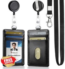 Teskyer ID Holder Black Badge Reel Lanyard Faux Leather Work Card