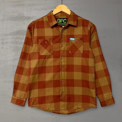 Dixxon Flannel Youth Division Button Up Shirt Orange Brown Buffalo Check Large