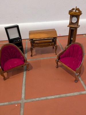 Dollhouse Furniture Two Chairs, Desk, Grandfather Clock, TV