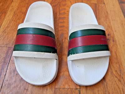 Gucci Men's Pursuit 72 Web Stripe Slide Sandals White Made in