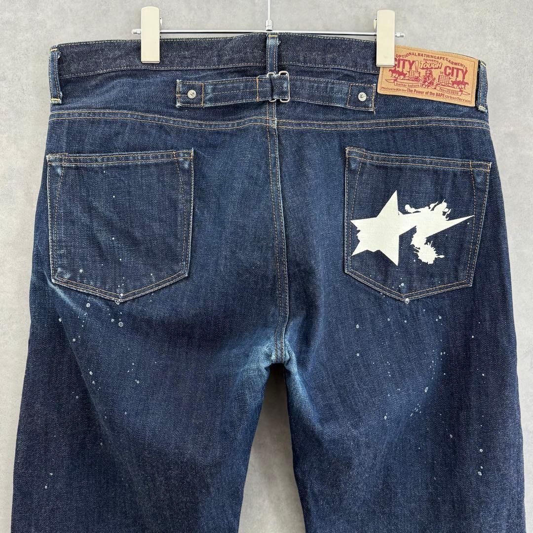 A BATHING APE Denim Pants Jeans Indigo Blue Paint Splash XL Inseam 87cm