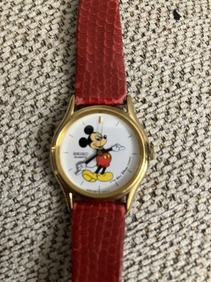 Seiko Mickey Mouse Watch Disney Red Calfskin Band Hands Move 