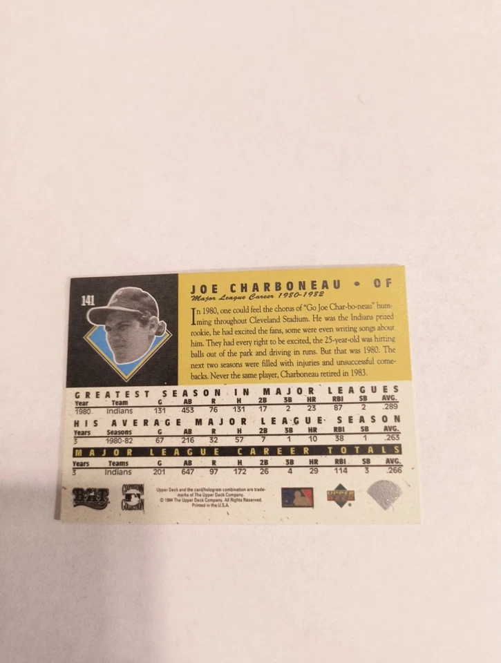 JOE CHARBONEAU 1994 UPPER DECK ALL TIME HEROES M.L. CAREER #141 FREE SHIPPING - Image 2 of 2