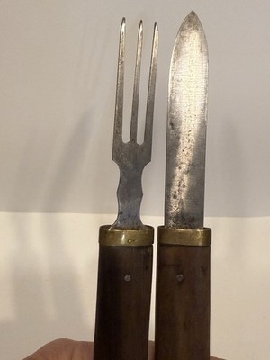 Antique Officers Campaign Interlocking Wood & Metal Knife & Fork Set 