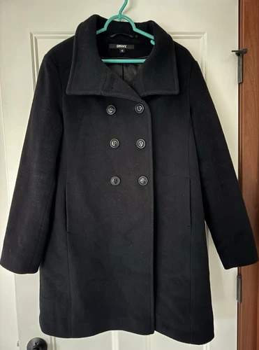 Donna Karan New York Black Wool Cashmere Trench Coat Womens Size 12 DKNY double