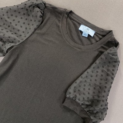 CeCe Shirt Womens Medium Black Puff Sleeve Swiss Dot Sheer Sleeve Top Blouse