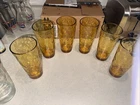 6 VINTAGE HAZEL ATLAS AMBER GLASS, OPTIC DOT GLASSES 6.5” Tall 3”diameter 16oz