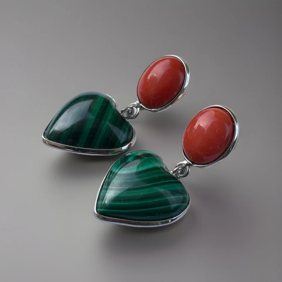 Orecchini Malachite E Corallo In Argento - Immagine 2 di 4