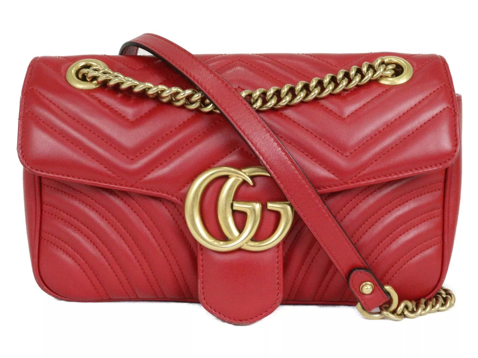 Sac bandoulière GUCCI chaîne épaule GG Marmont cuir rouge 443497 authentique