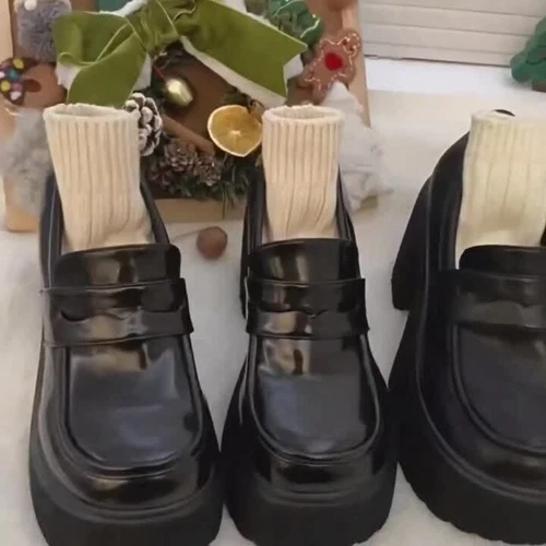 Plataforma Cuero PU Gótico Negro Grueso Tacones Altos Bomba Mocasines JK Uniforme Zapatos - Imagen 5 de 23