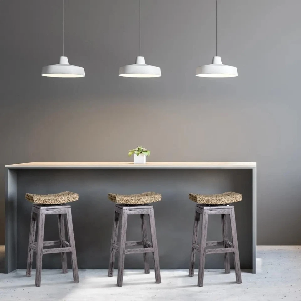 Luxe Minimalist Swivel Top Bar Stool Woven Rope Seat Natural Gray Wood 24 30 in - Image 4 of 4