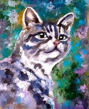 Original Oil Painting Gray Kitty Wall Art Animal Cat Portrait  10x14 inches