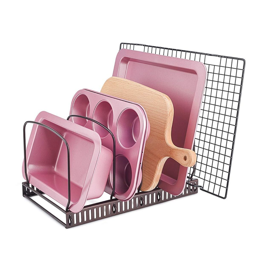 10-Slot Bakeware Organizer Rack for Kitchen Cookware, Dinnerware, and Cutting Boards
