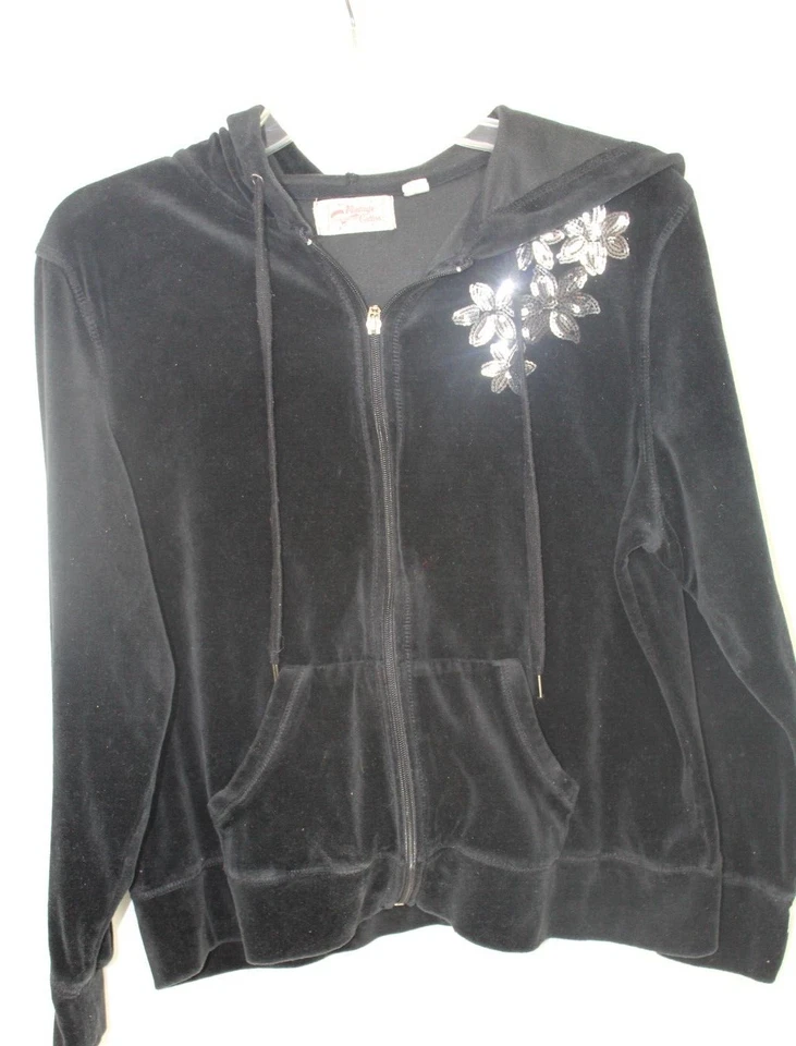 Chaqueta con Capucha Vintage Algodón Terciopelo Negro Lentejuelas Flores Talla Grande Foto 2 de 4