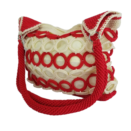 VTG Handmade Crochet Purse Shoulder Bag Lined Red White Rings Zip Pockets Boho - Picture 6 of 15