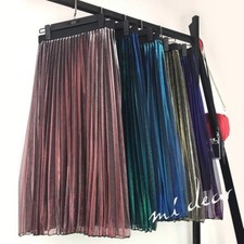 Lady Sheer Voile Dress Skirt Pleat Shiny Metallic Gradient Double Layer Midi New