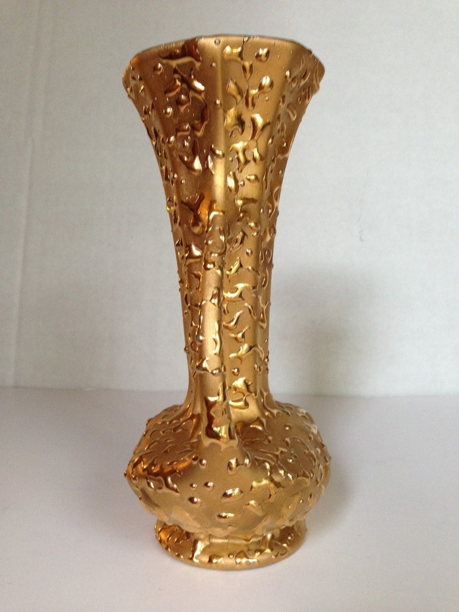 VTG Weeping Bright Gold 22K Gold USA Hand Decorated Vase,2 Handles