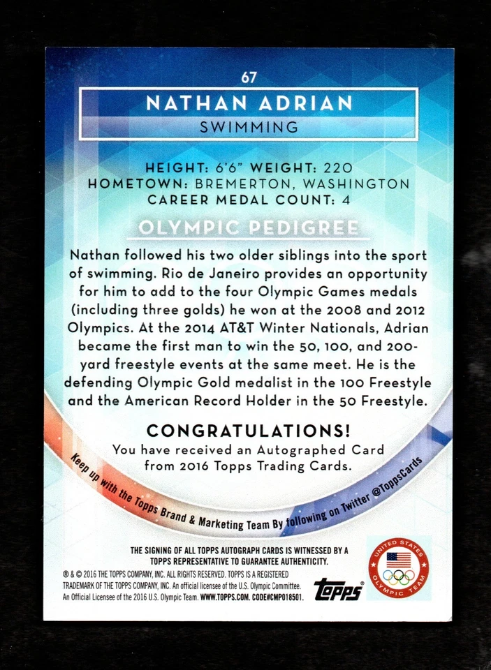2016 Topps美国奥林匹克队纳特汉·阿德里安游泳金牌亲笔签名#67 — 第 2/2 张图片