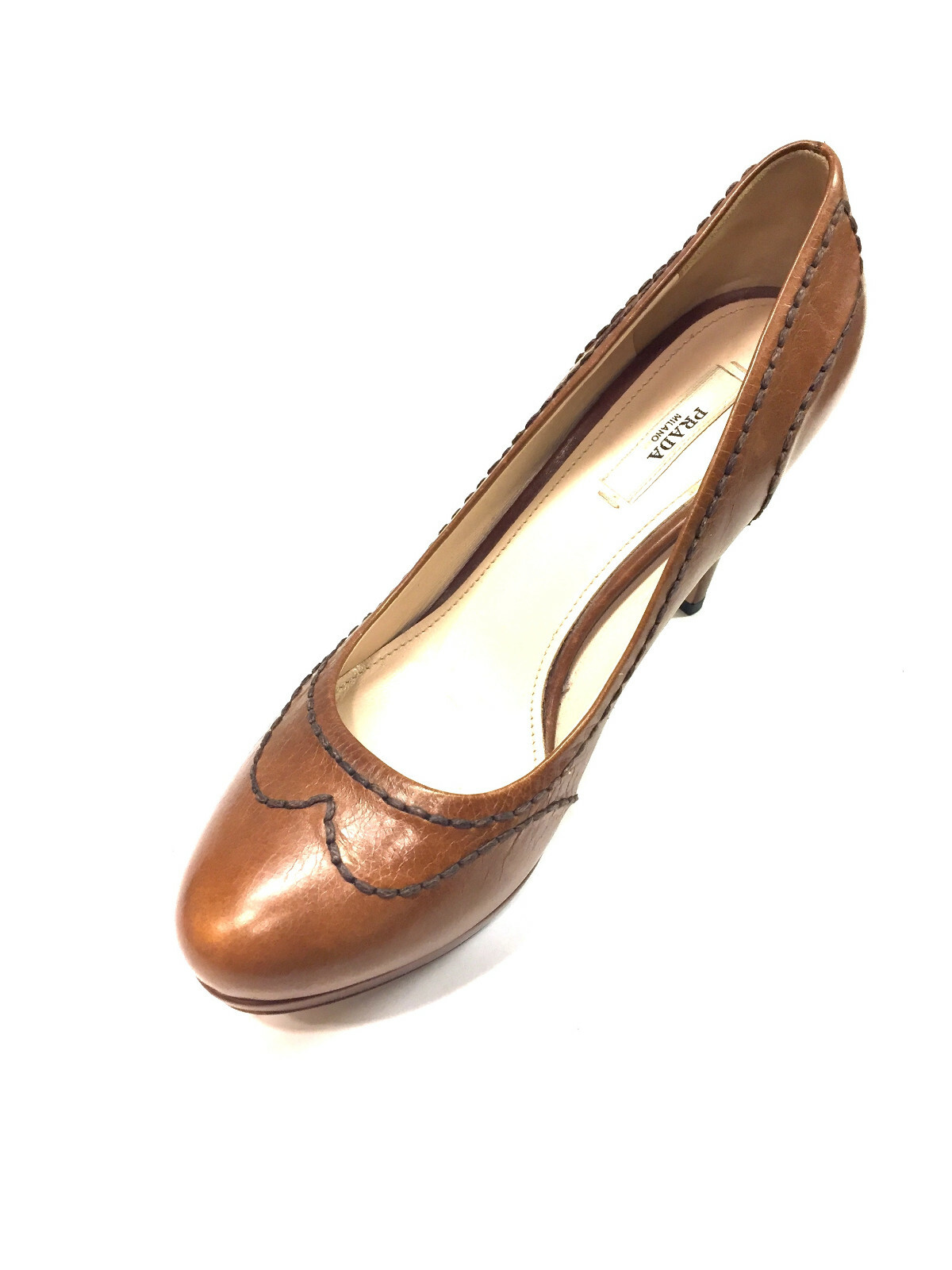 PRADA Tan Leather Rounded-Toe Stitching Accent Pl… - image 7