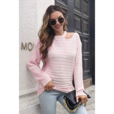 Ribbed Cold Shoulder Round Neck Pullover Sweater