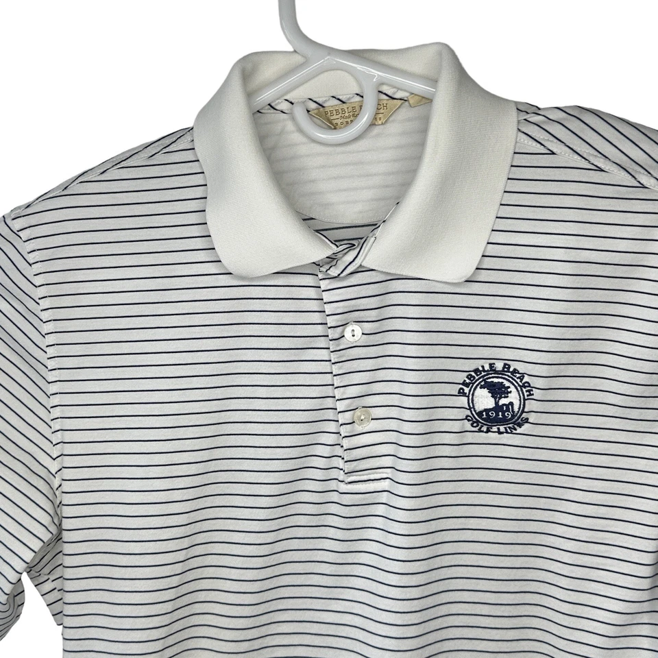 Pebble Beach Golf Links Polo Shirt Mens Medium Short Sleeve White Blue Stripe - Image 4 of 4