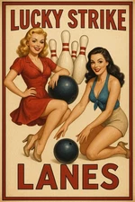 Lucky Strike Bowling Pinup Girls metal sign
