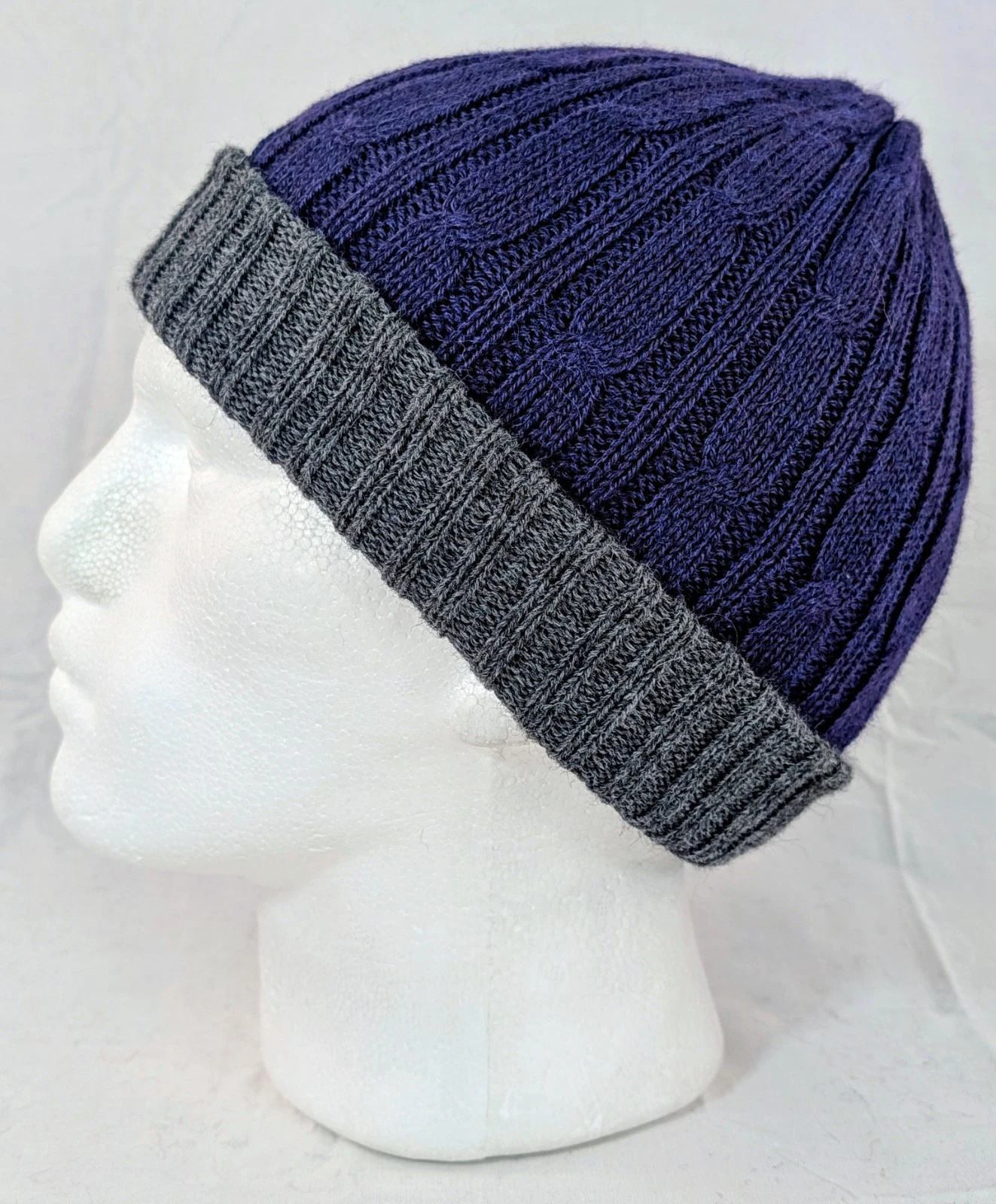 Extra Soft Baby Alpaca Reversible Cable Knit Beanie Purple Gray Handmade Unisex