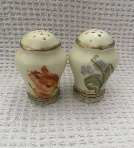 Floral Salt Pepper Shakers Gold Trim Handpainted Gold Numbers Painted On Bottom