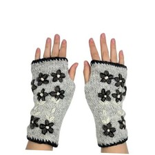 Hand Knit Fingerless Embroidered Flower Winter Wool Texting Gloves Mittens Gray