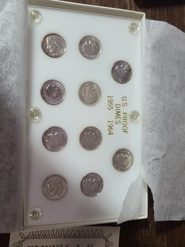 1955-1964 Roosevelt Dime Silver Proof Set 10 Coin Capital Holder W/Box and COA