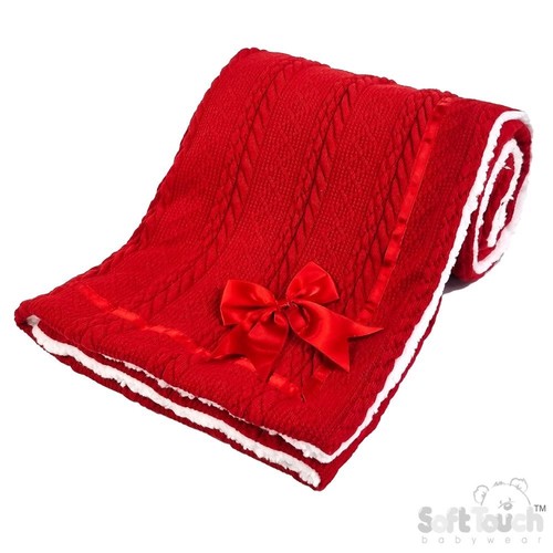 Baby Wrap Chevron Cable Knit Bow Soft Sherpa Back Blanket Soft Touch ~ Red