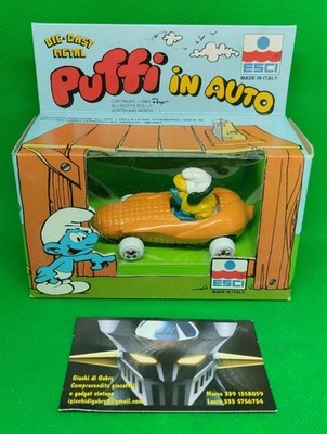 SCHLÜMPFE IM AUTO Druckguss Metall von ESCI Made in Italy Art. 0007, 1983 Peyo, NEU MIB