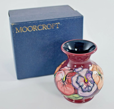 VINTAGE MOORCROFT STIEFMÜTTERCHEN VASE 1994 RACHEL BISHOP 10cm - VERPACKT