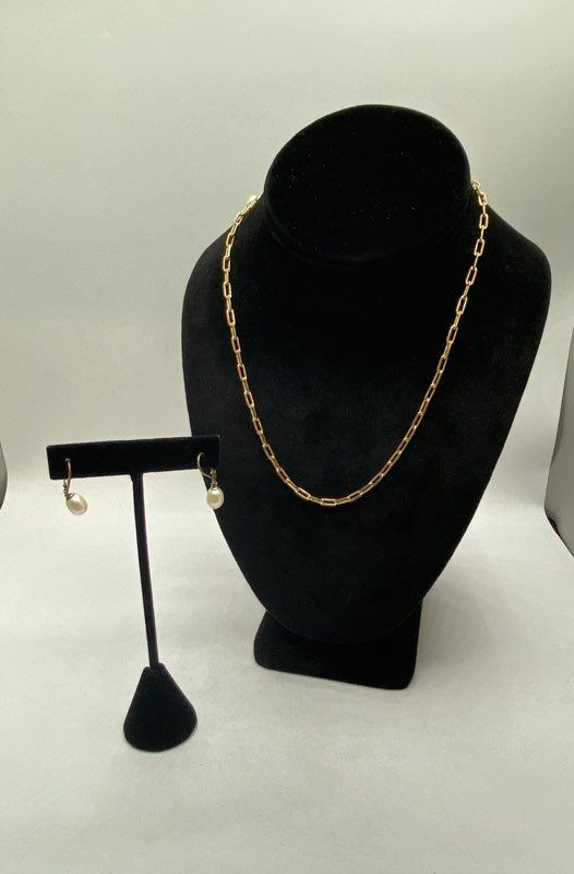 925 Sterling Silver Gold Tone Paperclip Necklace 17" & Pearl Drop Earrings Set
